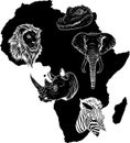 black silhouette of Wildlife of Africa, world continent. Flora and fauna. Vector illustration Royalty Free Stock Photo