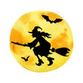 Black silhouette of a witch on a broom on a background of a yellow moon. Hand drawn watercolor illustration isolated on