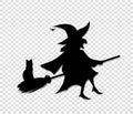 Black silhouette of witch flying on broom with cat isolated on transparent background.