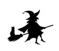 Black silhouette of witch flying on broom with cat isolated on white background. Royalty Free Stock Photo