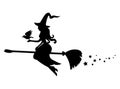 Black silhouette of a witch flying on a broomstick. Silhouette for the Halloween. Mystical illustration. Vector outline