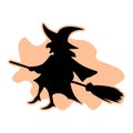 Black silhouette of witch in hat and costume flying on broom with cat isolated on white background Royalty Free Stock Photo