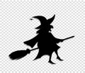 Black silhouette of witch fly on broomstick on transparent background.