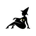 Black silhouette of witch in hat, halloween.