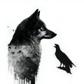 Black silhouette of wolf and raven on white background
