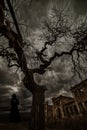 Black silhouette of a woman in a hoodie and terrible trees with branches against a background of terrible ruins.