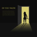 Black Silhouette Of Woman With Knife In Hand On Door Background. A Poster For Book, Game Or Movie. A Terrible Killer
