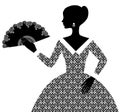 Black silhouette of woman in retro ornamental dress with open fa
