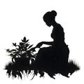 Black silhouette of a woman takes care of a plant on white background