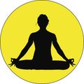 Black silhouette of a young girl doing channel cleaning breath in lotus pose on a bright yellow circle back