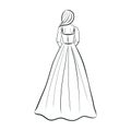 Black silhouette of young girl in wedding or evening long lace dress. vector illustration