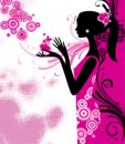 Black silhouette of a young slim girl in pink dress with abstract flowers in hand on a decorative background Royalty Free Stock Photo