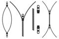 Black silhouette zipper. Vector illustration of an open sewing lock. Set of fasteners for clothes in different positions