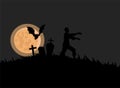 Black silhouette of zombie walking on cemetery vector flat illustration. Creepy nightmare landscape with walking dead.