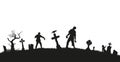 Black silhouette of zombies on cemetery background. Nightmare landscape with dead people. Panorama of undead monster