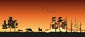 Black silhouettes of animals on wildfire background. Bear, wolf and deer escape from a forest fire Royalty Free Stock Photo