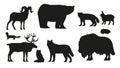 Black Silhouettes Of Arctic Animals Set, Polar Bear, Fox, And Ermine. Musk Ox, Hare, Wolverine And Deer