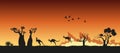 Black silhouettes of Australian animals in bushfire. Pray for Australia. Scene of forestfire with kangaroo, koala