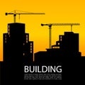 black silhouettes of buildings and cranes on background at sunset. Tower crane builds a tall house. Vector illustration. Royalty Free Stock Photo