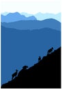 Black silhouettes of chamois climbing uphill, mountains in the background. Royalty Free Stock Photo