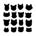 Black silhouettes of cute muzzles of cats. Set of portraits of cats isolated on a black background. Vector illustration.