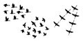 Black silhouettes of flying birds on a white background. Three different types of bird groups Royalty Free Stock Photo