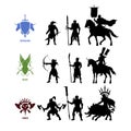 Black silhouettes games characters. Elfs, orcs and humans warrior. Fantasy knights. Icon of medieval units