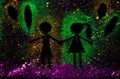 Black silhouettes of a girl and a boy with balloons among bright watercolor splashes on a black background. Royalty Free Stock Photo