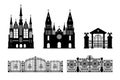 Black silhouettes of gothic church, crypt and gate. Isolated drawing of cathedral build. Fantasy architecture