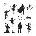 Black silhouettes of halloween characters. Isolated image of vampire, witch, mummy and ghost. Gothic monster Royalty Free Stock Photo