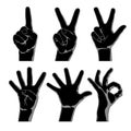 Black silhouettes of hands showing one, two, three, four and five fingers and folded ringlet isolated on white