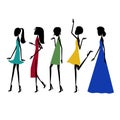 Black silhouettes of models on the catwalk in dresses of different styles and color. vector