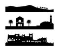 Black silhouettes of moroccan popular tourist places