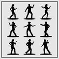 Black silhouettes of nine diverse people dancing in various joyful poses on a light gray background Royalty Free Stock Photo