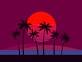 Black silhouettes of palm trees at sunset. Tropical landscape with palm trees and red sun in 80s style. Design for posters, Royalty Free Stock Photo