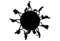 Black silhouettes of people with luggage around circle planet. Tourists walking on circle. Vector illustration
