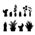 Black silhouettes of Plants,flowers and cactus in pots,natural elements,i Royalty Free Stock Photo
