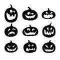 Black silhouettes of pumpkins for Halloween. Icons of emotions on a white background. Collection of monsters emoticons