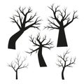 Black silhouettes of scary trees on Halloween. Set. Flat, cartoon, vector Royalty Free Stock Photo