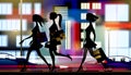 Black silhouettes of shopping girls against a illuminated night city Royalty Free Stock Photo