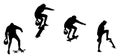 Black silhouettes of skateboarders riding and jumping on skateboards. A set of figures of athletes isolated on a white background