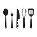 Black kitchen tools set spoon fork knife whisk spatula silhouettes on transparent backdrop vector Royalty Free Stock Photo