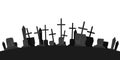 Black silhouettes of tombstones, crosses and gravestones. Elements of cemetery. Graveyard panorama. Vector illustration Royalty Free Stock Photo