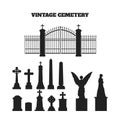 Black silhouettes of tombstones, crosses and gravestones. Elements of cemetery Royalty Free Stock Photo