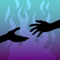 Black silhouettes of two hands on the blue fire background Royalty Free Stock Photo