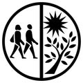 Black silhouettes of two people walking and a stylized tree with sun Royalty Free Stock Photo