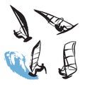 Black silhouettes of windsurfing man