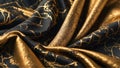 Black silk satin fabric background with elegant abstract gold pattern. Highly detailed and wavy luxurious lace texture. AI- Royalty Free Stock Photo