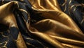 Black silk satin fabric background with elegant abstract gold pattern. Highly detailed and wavy luxurious lace texture. AI- Royalty Free Stock Photo