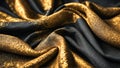 Black silk satin fabric background with elegant abstract gold pattern. Highly detailed and wavy luxurious lace texture. AI- Royalty Free Stock Photo